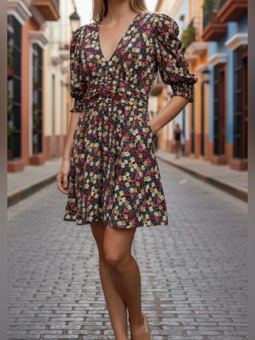 Zara floral dress women’s M medium multicolor flower shoulder pads 3/4 sleeves